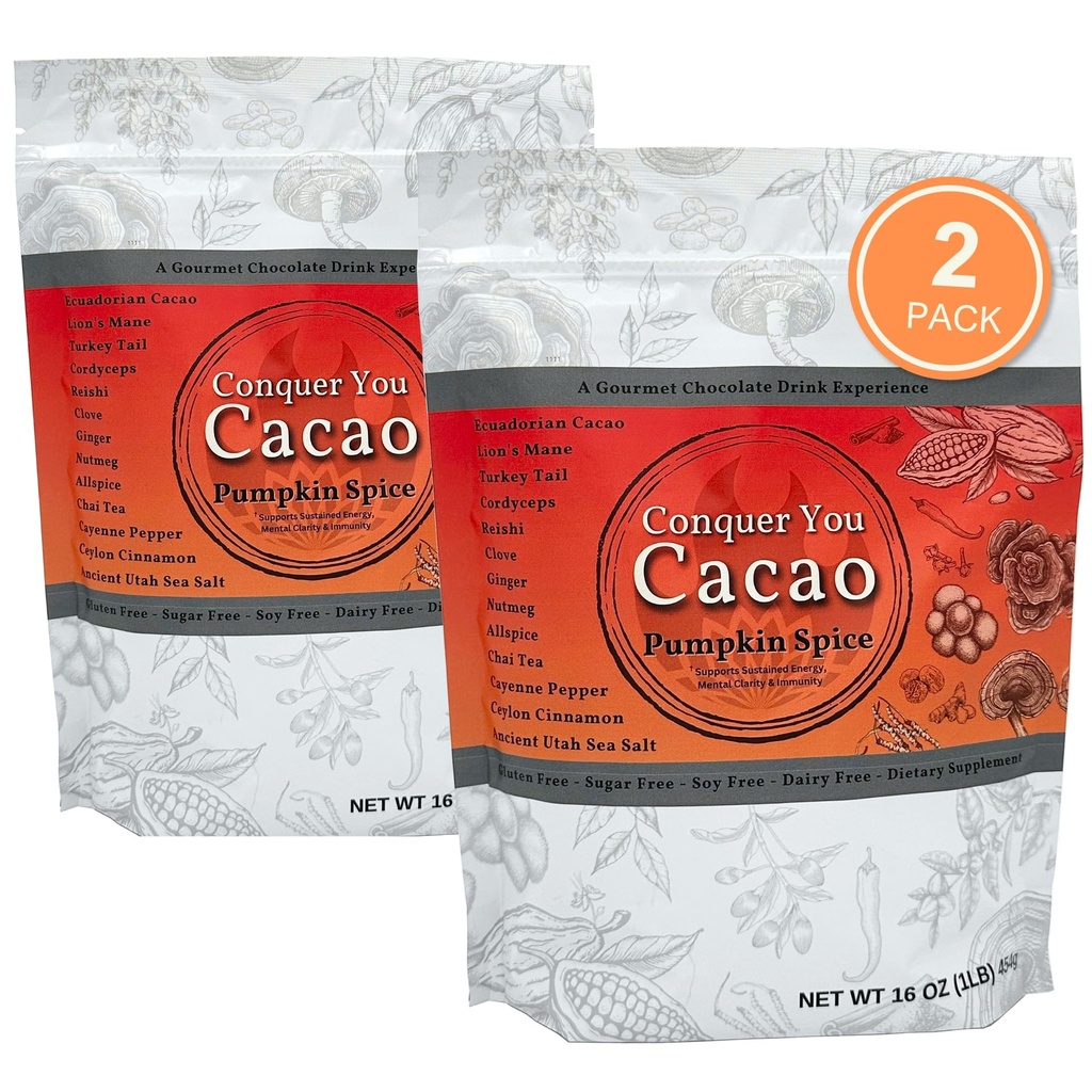 Pumpkin Spice, Organic Mushroom Hot Chocolate Drink, Gourmet Blend of Lions Mane, Cordyceps, Reishi, Moringa, & Turkey Tail with Cacao, Cinnamon & Sea Salt, Pack of 2