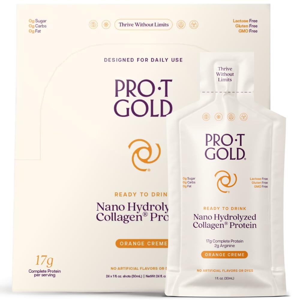 ProT Gold Liquid Collagen Protein Shot, 17g Clear Protein Nano- Hydrolyzed Grass Fed Collagen, 2g Arginin for Sår Support, Gluten Free, Sugar Free, 0g Carbs, Orange Creme, 1 fl oz, 24 Pack