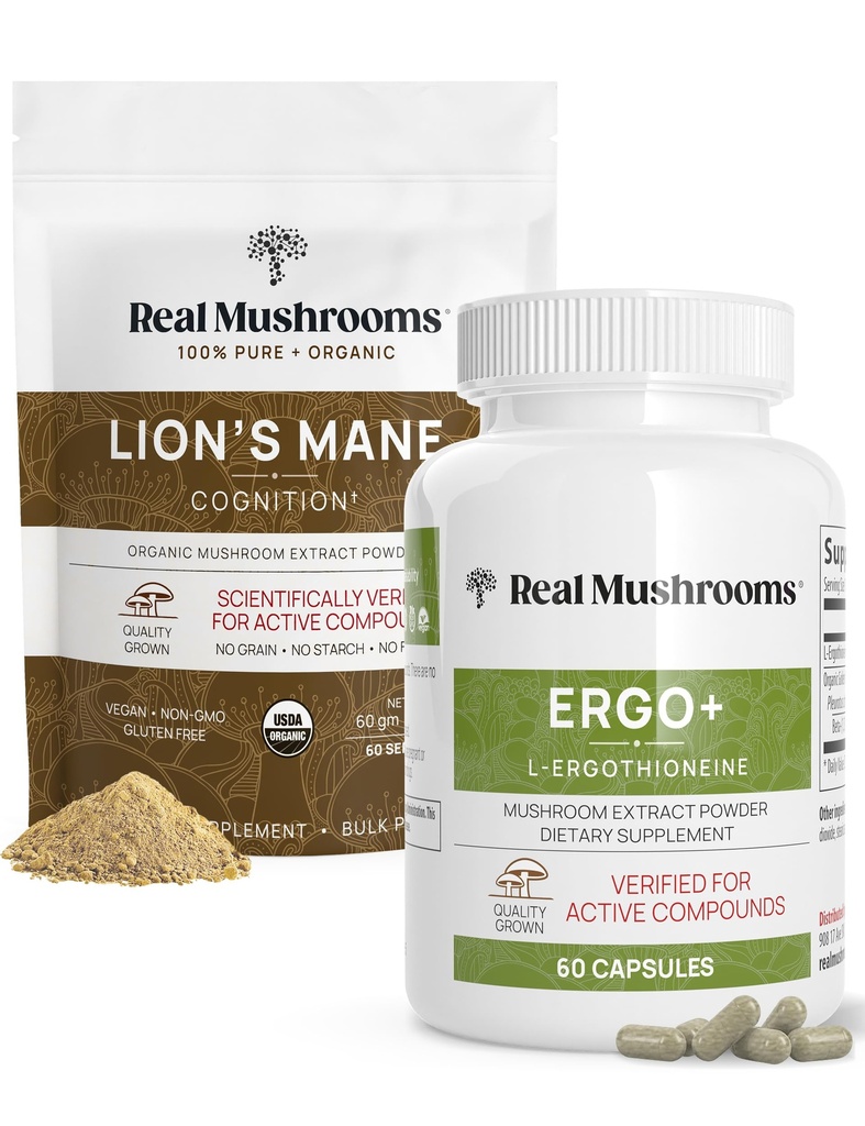 Rigtige svampe Ergothioneine (60ct) og Lions Mane Organic Powder (60 Servere) Bundle med Shiitake og Oyster Mushroom Ekstrakter - Longevity and Cognition - Vegan, Gluten Free, Non-GMO