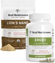 Rigtige svampe Ergothioneine (60ct) og Lions Mane Organic Powder (60 Servere) Bundle med Shiitake og Oyster Mushroom Ekstrakter - Longevity and Cognition - Vegan, Gluten Free, Non-GMO