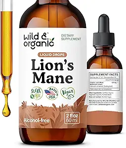 Wild & Organic Lions Mane Liquid Drops - Focus & Brain Support - Lions Mane Supplement - Hericium Erinaceus Mushroom Extract Tincture - Vegan, Alkohol & Sugar- Free - 2 fl oz