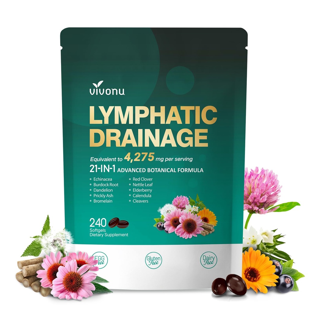 Lymphatic Drainage Supplement, Lymph System Support Supplement for Women & Men, 21-in-1 Herbal Blend with Echinacea, Dandelion, Burdock, Bromelain, Calendula, Turmeric & More, 240 Softgels