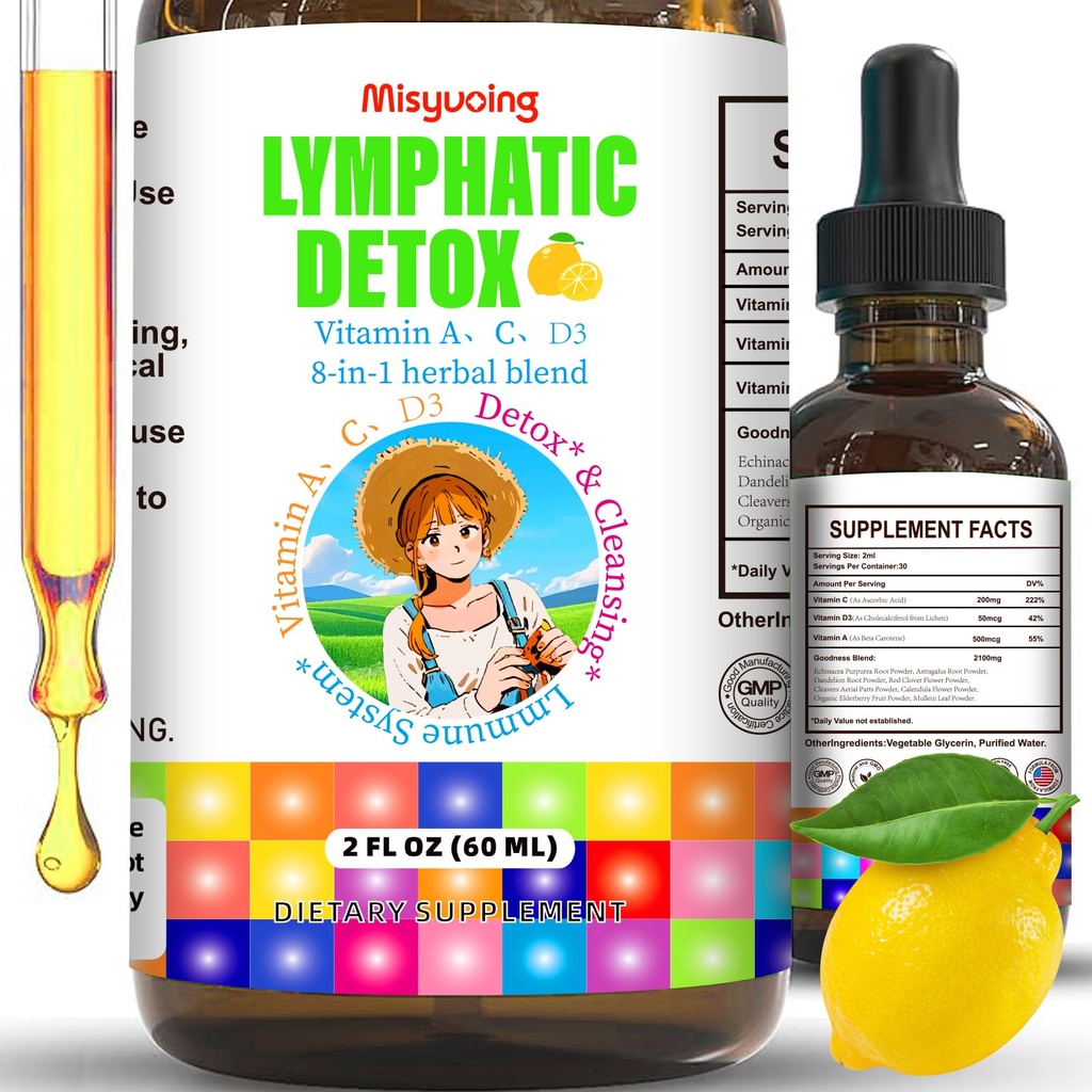 Liposomal Lymphatic Detox & Drainage Drops –Multivitamins A、C、D + Herbal Blend with Elderberry & Echinacea– Supports Lymphatic Drainage, Immune System & Detox