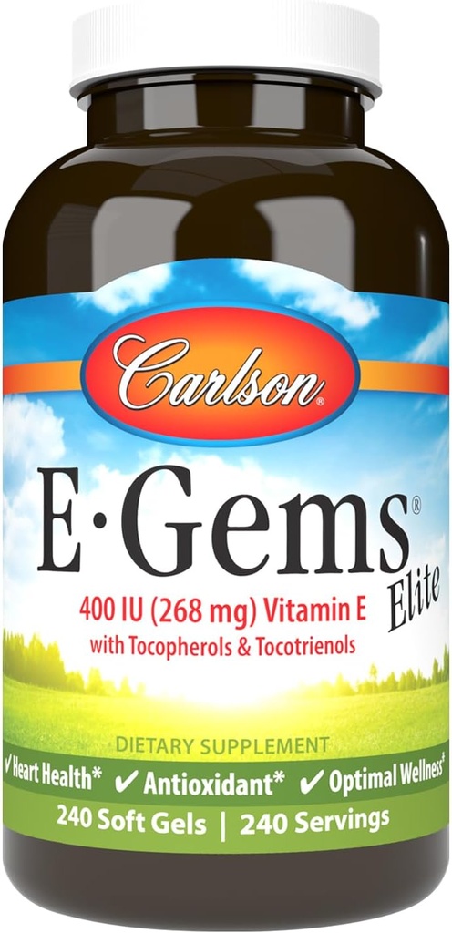 Carlson - E- Gems Elite, 400 IE E-vitamin med tocopheroler & tocotrienoler, E-vitamin kapsler, Heart Health & Optimal Wellness, Antioxidant, E-vitamin tillæg, 240 Softels