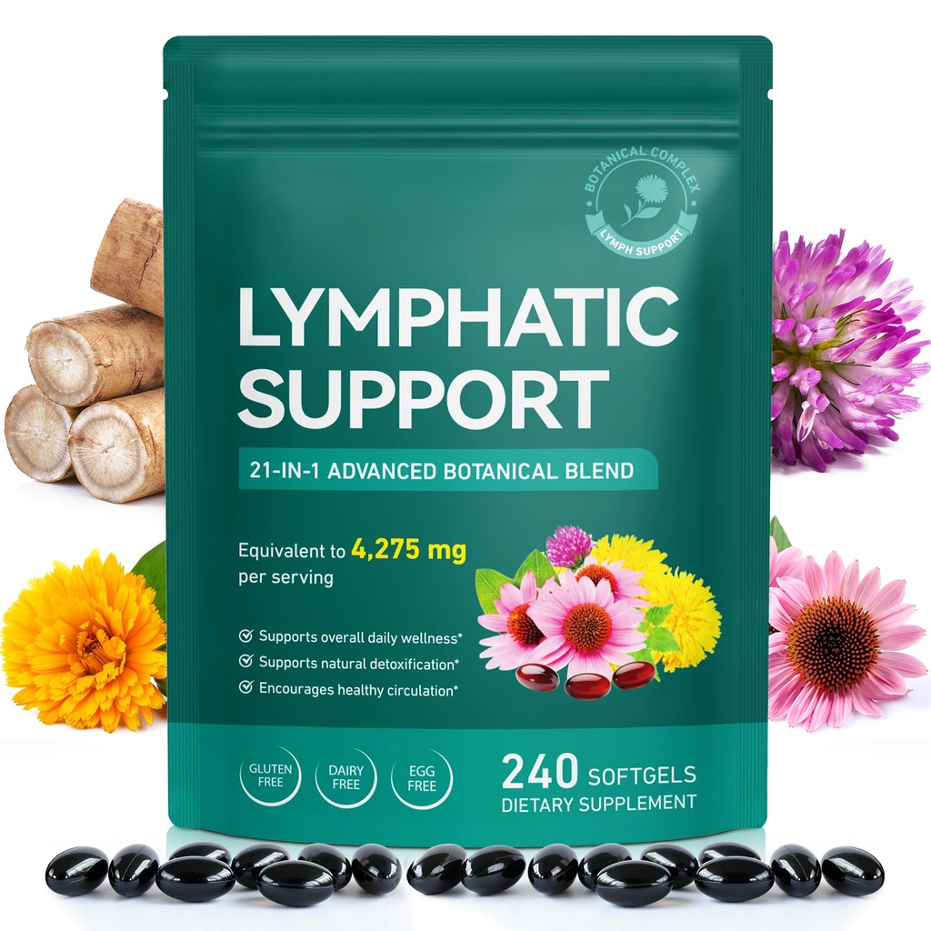 Lymphatic Drainage Supplements-Echinacea, Dandelion, Burdock Root|21-In-1 Botanical Complex for Lymph System, Balance, Cleanse, Overall Vitality, Less Bloating|Safe & Clean Formula|240 Softgels