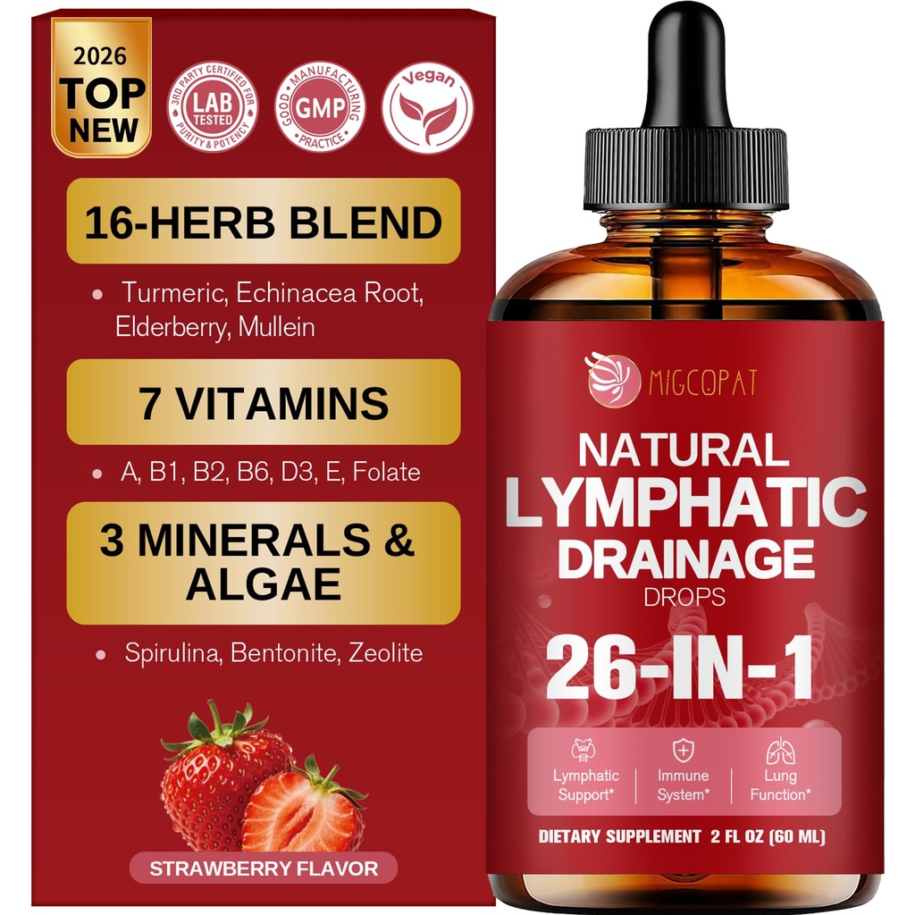 Migcopat 26-in-1 Liposomal Lymphatic Drainage Drops with Turmeric, Echinacea, Vitamins, Dandelion, Zeolite for Swelling, Bloating, Immune, Lung Support, Vegan, Alcohol-Free, Strawberry Flavor, 2 fl oz