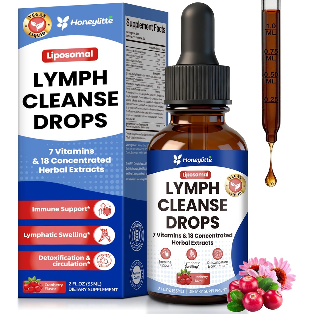 Lymphatic Drainage Drops 1800mg - 18 Herbal Extracts with Echinacea, Astragalus 10:1, Turmeric 10:1 & 7 Vitamins - Immune & Circulatory Support - Vegan, Non-GMO - 55ml