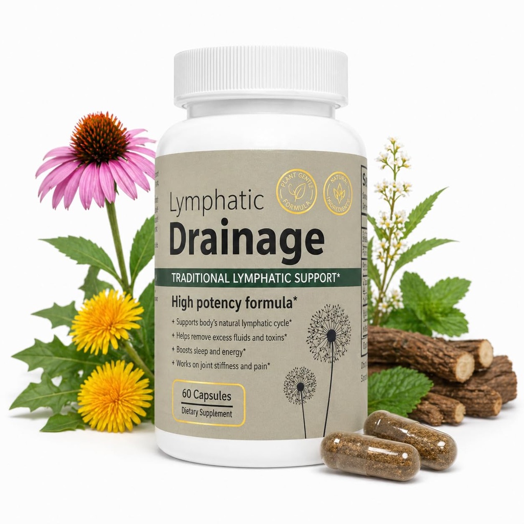 Lymphatic Drainage Capsules with Echinacea, Dandelion, and Burdock, Natural Herbal Supplement for Immune Health and Fluid Balance, 60 Capsules