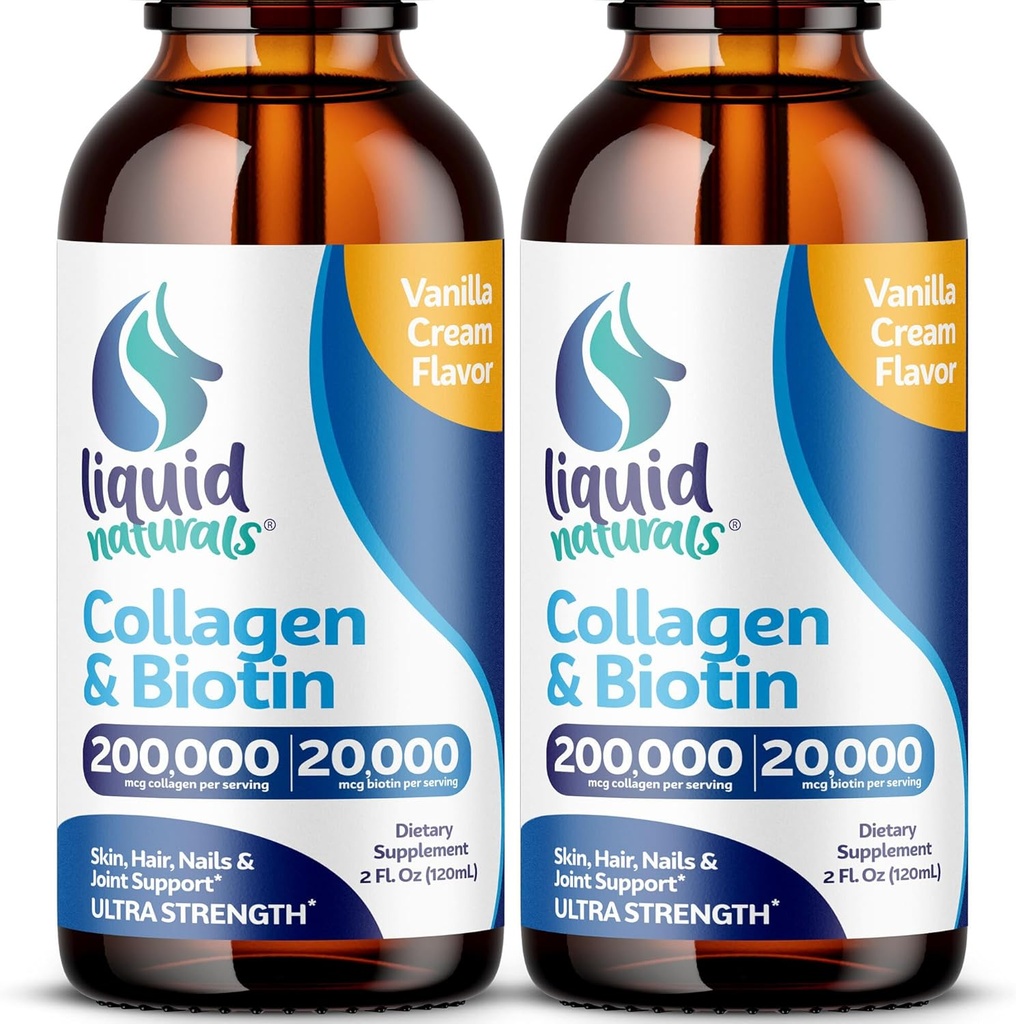 Flydende Collagen og Biotin, 2 Fl. Oz, Ultra- Strength Collagen Kosttilskud til kvinder, Keto Friendly Biotin til hårvækst Kvinder, Nails, & Hud Vitaminer B7 Collageno Peptider - Vanilla Flavor - 2 Pack