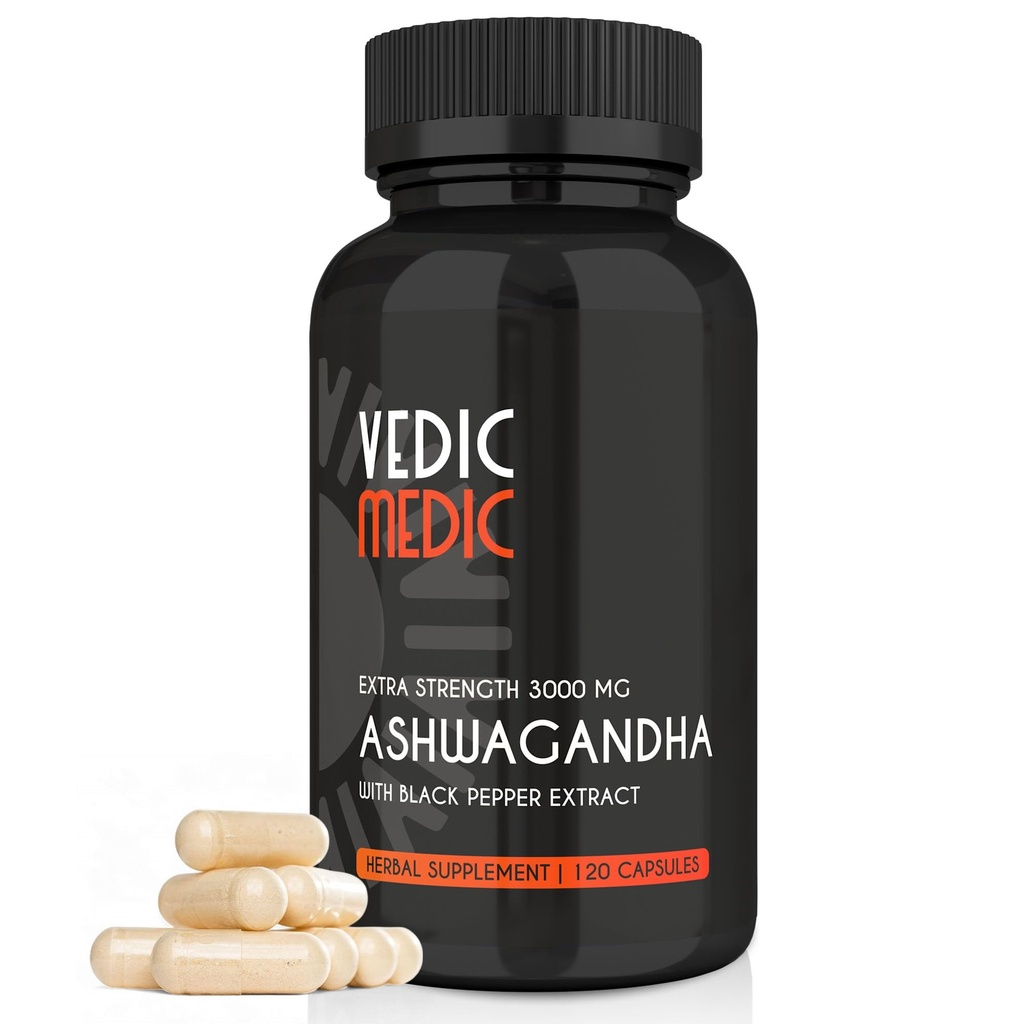 Organic Ashwagandha Capsules Extra Strength 3000mg with Black Pepper Extract - Stress Relief, Mood Enhancer, Energistøtte - Non- GMO, Vegan, Gluten Free (120)