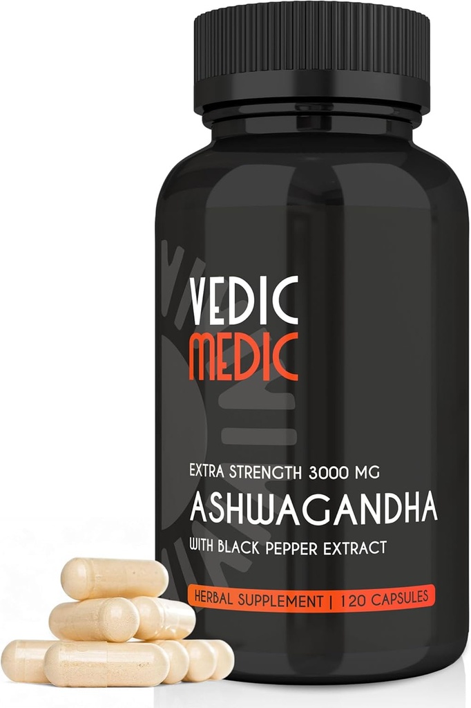 Organic Ashwagandha Capsules Extra Strength 3000mg with Black Pepper Extract - Stress Relief, Mood Enhancer, Energistøtte - Non- GMO, Vegan, Gluten Free (120)