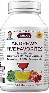 ANDREW LESSMAN Andrews fem favoritter 60 kapsler - giver 200mg hver af Coenzym Q-10, Resveratrol, EGCG, Pomegranat og Alpha Lipoic Acid, kraftig anti-oxidant støtte, ingen tilsætningsstoffer