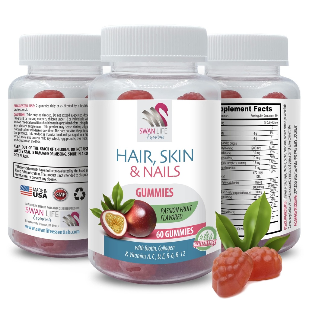 biotin vitamins for hair skin and nails - HAIR, SKIN & NAILS GUMMIES - Vitamins A, B, C, D, E, PABA, Collagen, Passion Fruit gummies, Strong Nails, Healthy Hair vitamins, 1 Bottle, 60 Gummies