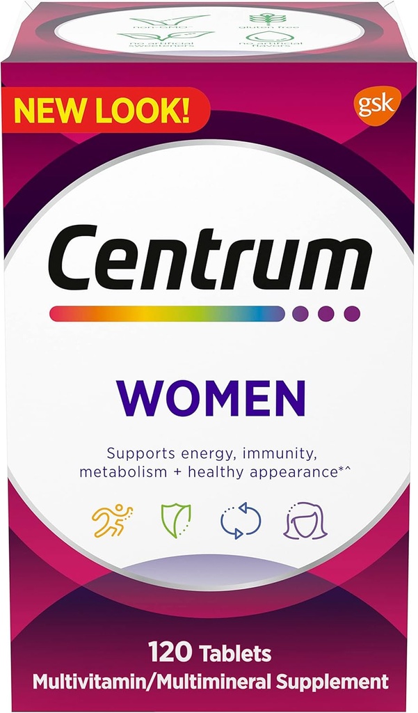Centrum Multivitamin til kvinder, Multivitamin / Multimineral tillæg med jern, vitamin D3, B Vitamin og antioxidant Vitamin C og E, Gluten fri, non-GMO ingredienser - 120 Tæl