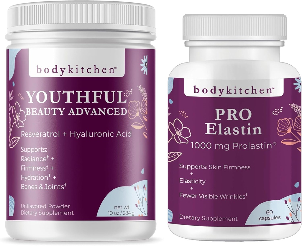 Krop køkken Youth Beauty Advanced Collagen Peptider Pulver og Resveratrol og Hyaluronsyre 10oz og Pro- Elastin, Tæl på 60