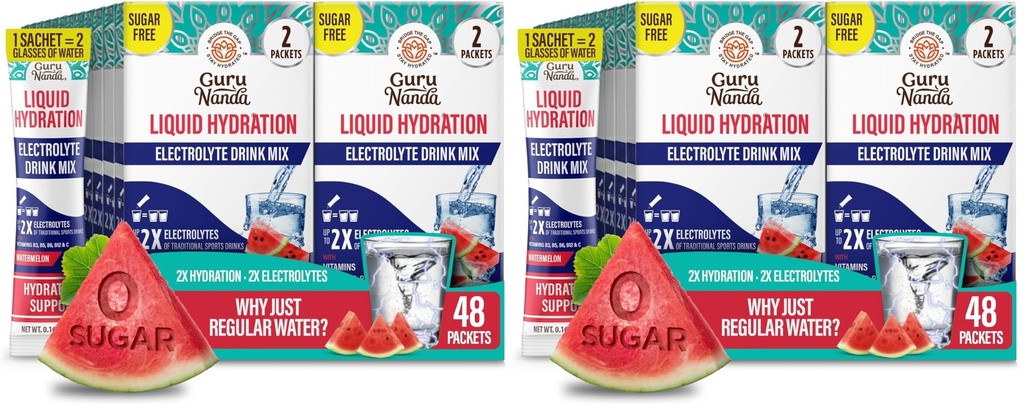 GuruNanda Liquid Hydration Sugar-Free Electrolyte Powder – Natural Watermelon Flavor Electrolyte Drink with Vitamins B & C for Dehydration, Exercise & Energy, Non-GMO, 48 Count (Pack of 2)