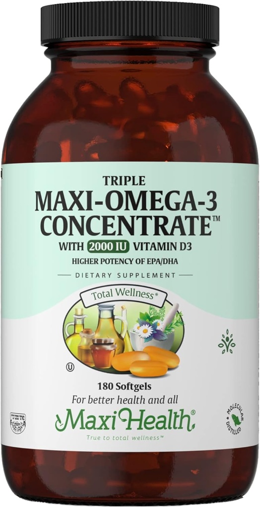 Omega 3 Supplement - Omega-3 Fish Oil Triple Koncentrat med vitamin D3 - Potent kilde til EPA / DHA fedtsyrer - hjerte, hjerne, fælles sundhed - Kosher Certified Wild Caught Marine Fish - 180 Softgels