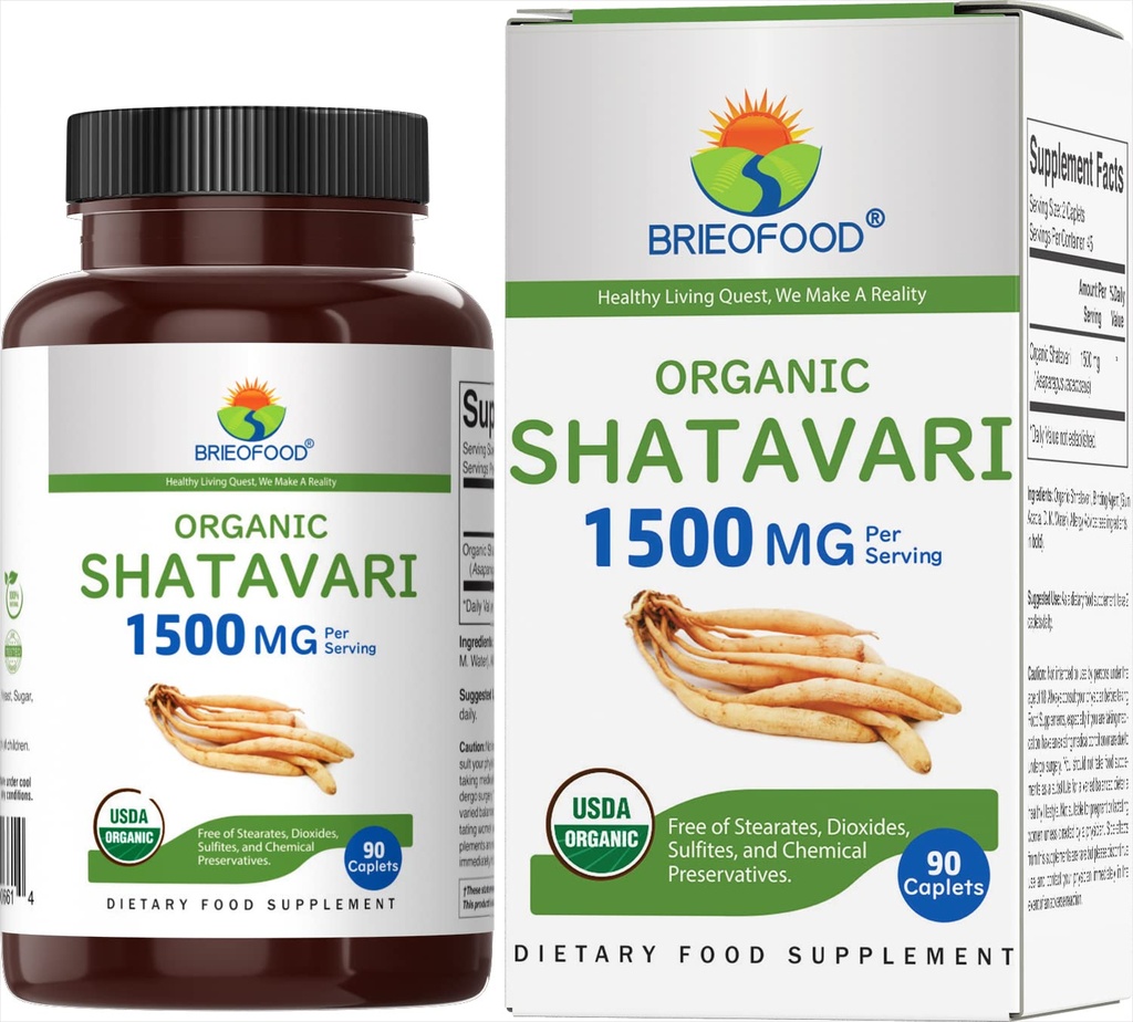 Brieofood Organic Shatavari 1500mg, 45 Servering, Vegetarisk, Gluten Gratis, 90 Vegetariske tabletter