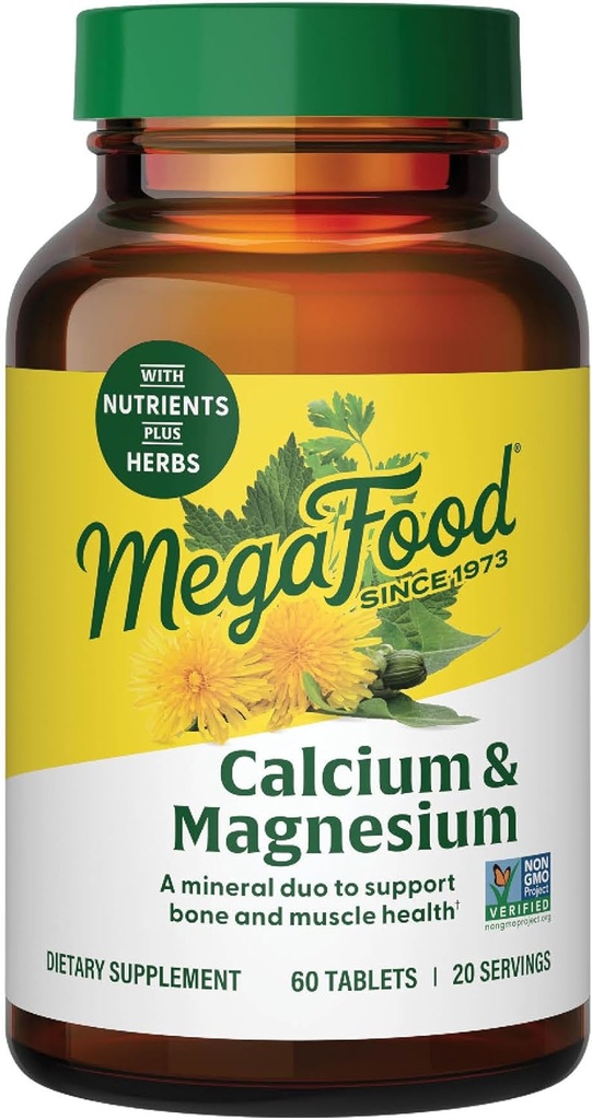 MegaFood Calcium Magnesium Supplement - Supports Bone Health & Heart Health - Magnesium Calcium Supplements for Women and Men - Non-GMO - 60 Tablets (20 Servings)