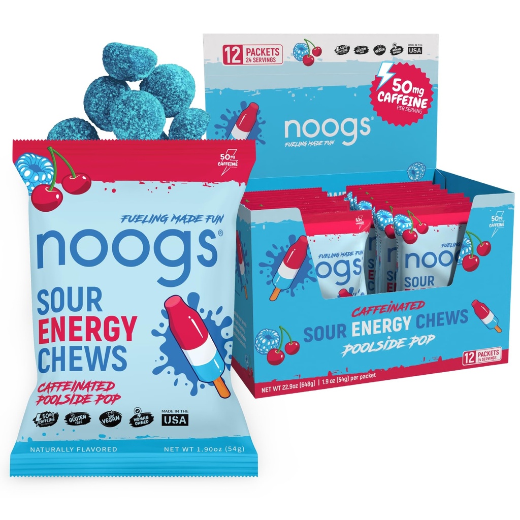 Sour Energy Chews, Poolside Pop Caffeinated Electrolyte Energy Gummies, 50mg Green Tea Caffeine, Popsicle Flavored Alternative to Running Gels, Vegan & Gluten Free | 12 Packs, 144 Gummies