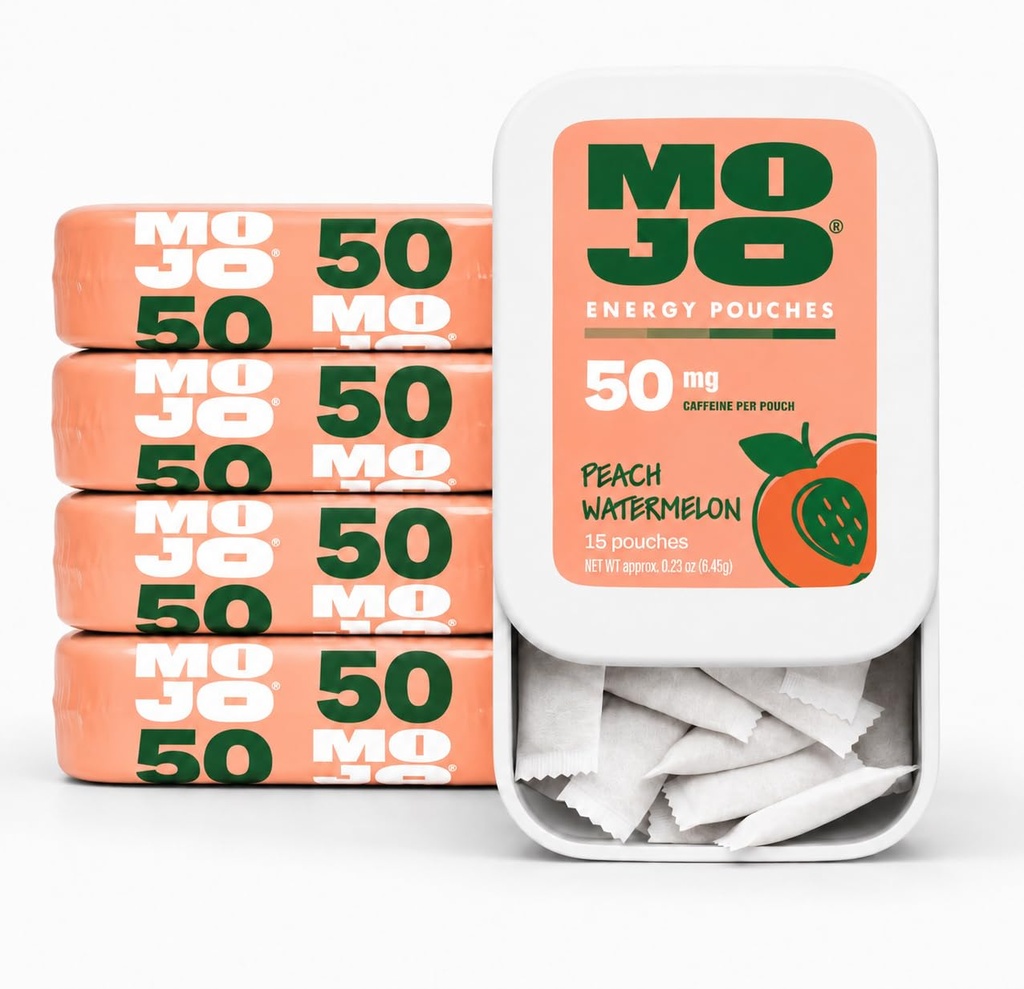MOJO Energy 50mg Caffeine Pouches, Peach Watermelon, 15 Pouches, 5-Pack
