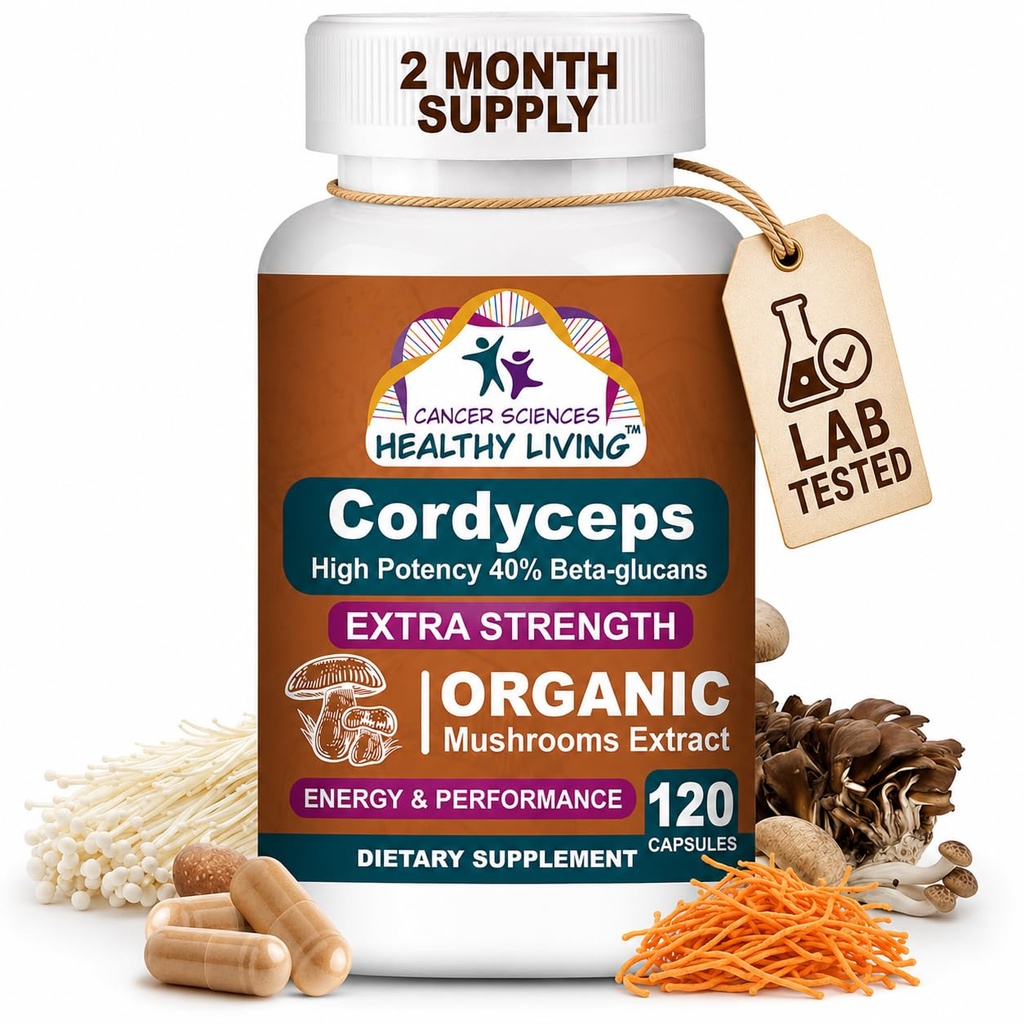 Cancer Sciences Cordyceps Mushroom Supplement kapsler - 1.500mg Organic Mushroom Complex for Wellness, høj potens 40% Beta- glucans, immunsupporttillæg for energi & Stamina Booster, 120 Greve