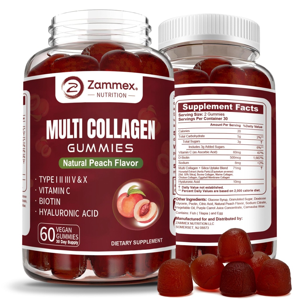 Zammex Multi Collagen Peptider Gummies (type 1, 2, 3, 5 & 10), 30 Servering, Anti- Aging Collagen Gummy Kosttilskud til kvinder & mænd med Biotin Vitamin C, Hyaluronsyre, Peach Flavor