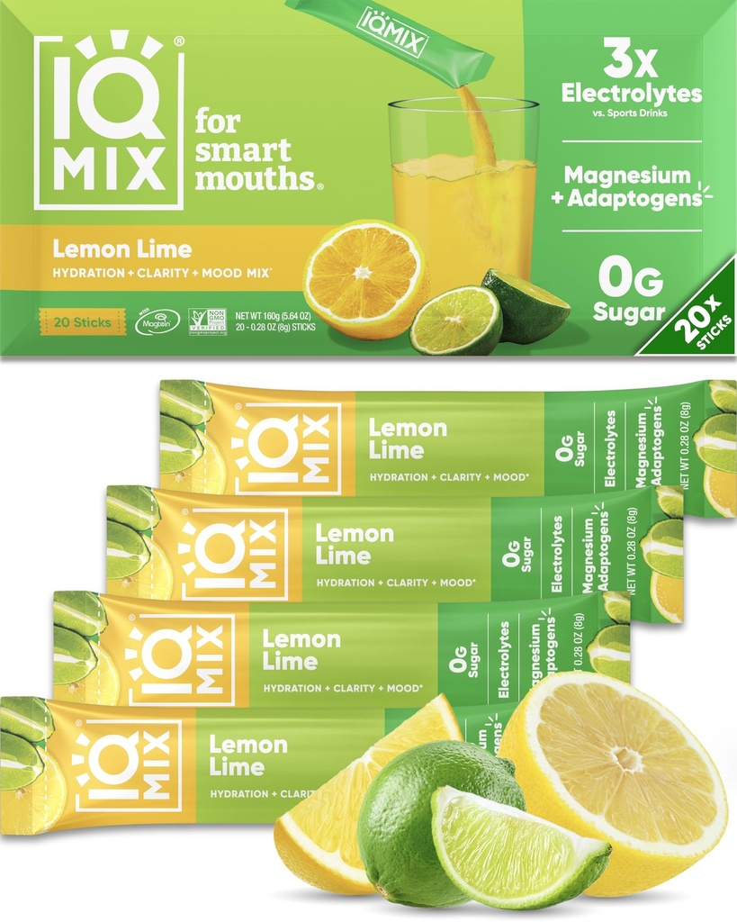 IQMIX Hydration Electrolyte Powder - 4-in-1 Formel til Hydration, Mental Clarity, Mood og Inddrivelse - Sugar- Free Drink Mix, Keto, Magnesium L- Threonate, Lions Mane - 20 Count Lemon Lime