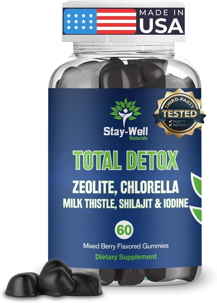 Total Detox, Heavy Metal Detox for Adults- Zeolite, Chlorella, Milk Thistle, Shilajit & Jod, Toxin Cleanse, Pineal Decalcification, Fluoride Cleanse, Heavy Metal Cleanse, 60 blandet berry gummies