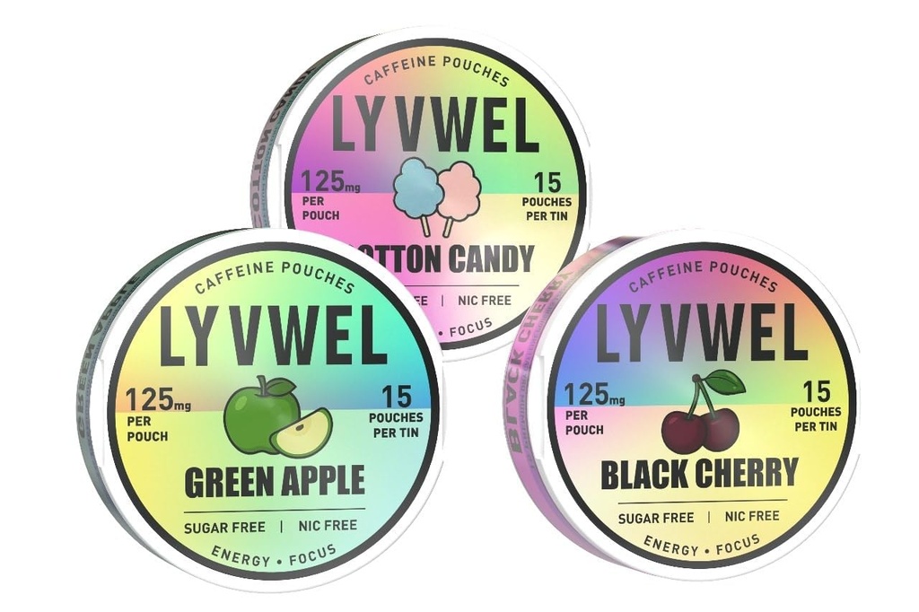 LyvWel 125mg Caffeine Pouches, Guarana-Powered Energy Pouches, Nootropic Pouches, Nicotine Free Pouches & Tobacco-Free,3-Pack (45 Total Pouches) (Cotton Candy, Green Apple, Black Cherry)