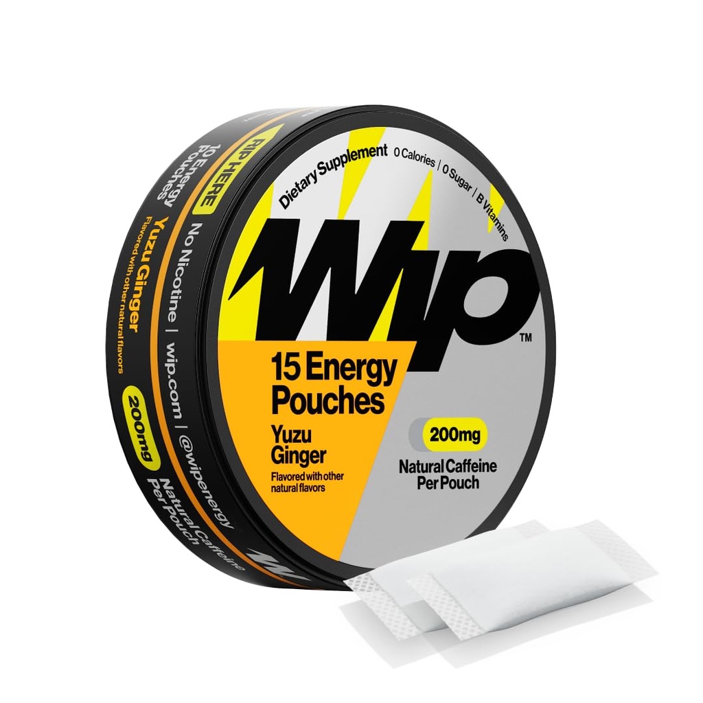 Wip Energy Pouches, Sugar Free Blend with 200 MG Natural Caffeine, B Vitamins, Minerals & L Theanine for Energy Support, Pre Workout for Active Lifestyles, Yuzu Ginger, 1 Can, 15 Pouches Each