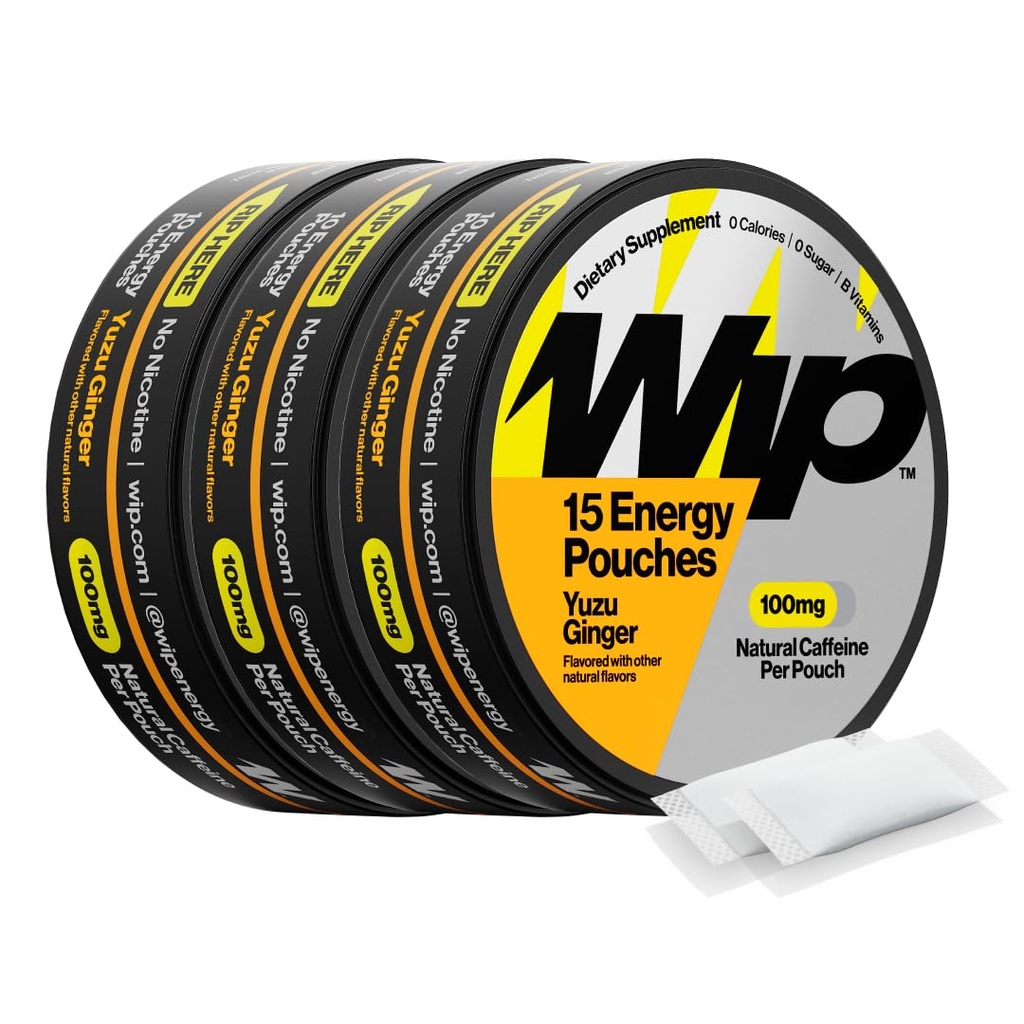 Wip Energy Pouches, Sugar Free Blend with 100 MG Natural Caffeine, B Vitamins, Minerals & L Theanine for Energy Support, Pre Workout for Active Lifestyles, Yuzu Ginger, 3 Pack, 15 Pouches Each