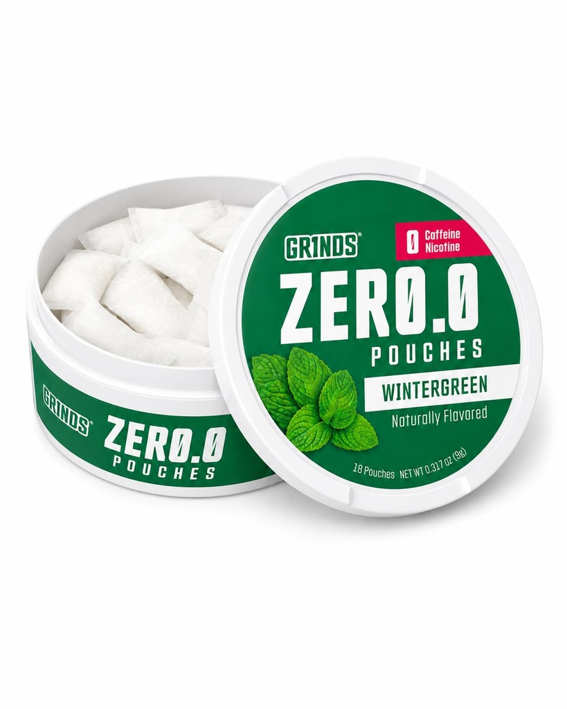 GRINDS ZERØ.Ø Wintergreen Pouches | Nicotine-Free, Caffeine-Free, Sugar-Free, 0 Calories |10 Pack | 18 Pouches Per Can
