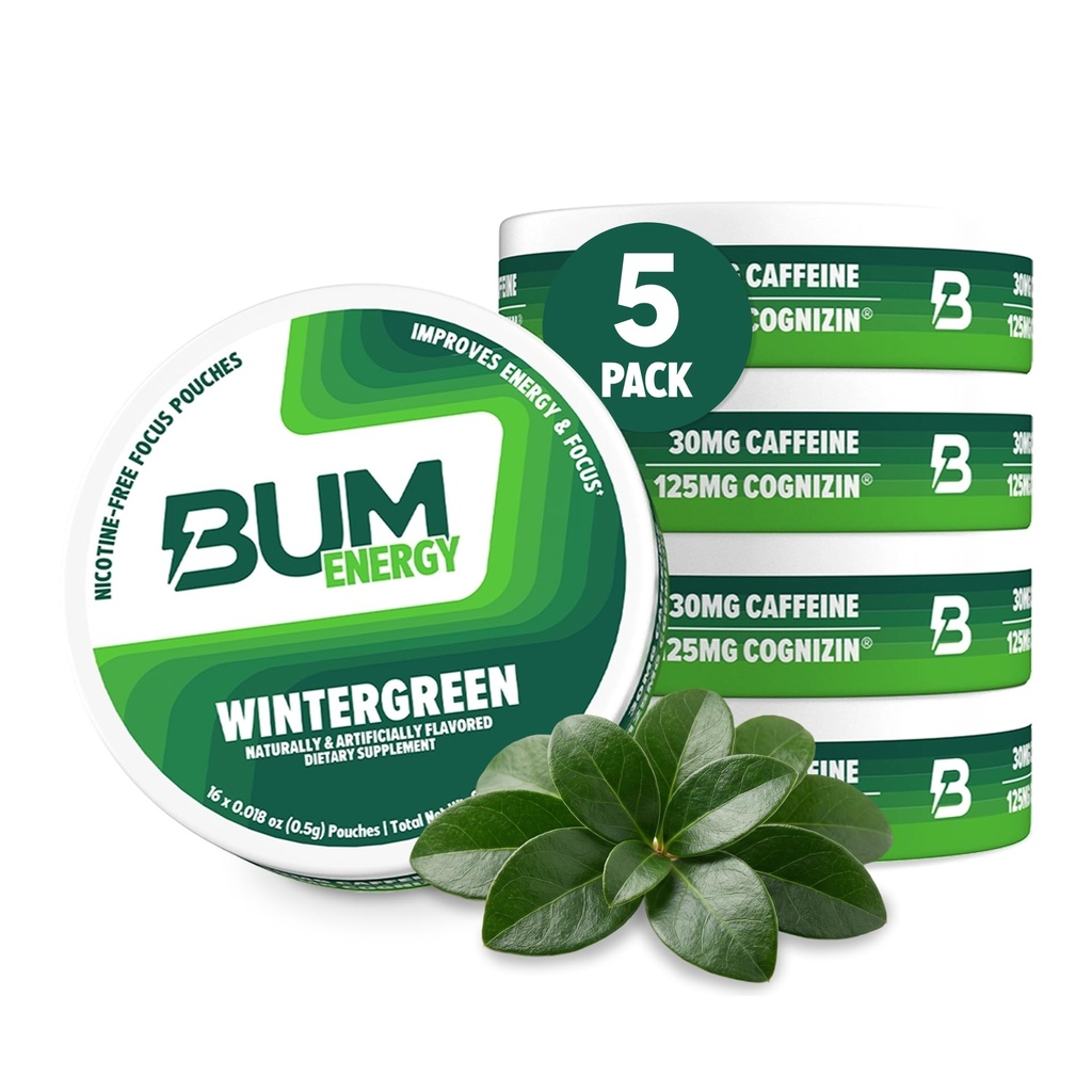 Bum Energy Pouches, Wintergreen, 30mg Caffeine + 125mg Cognizin Citicoline, Clean Energy & Focus, Zero Nicotine, Tobacco-Free, Discreet Oral Energy Pouches, 5 Packs of 16 Count
