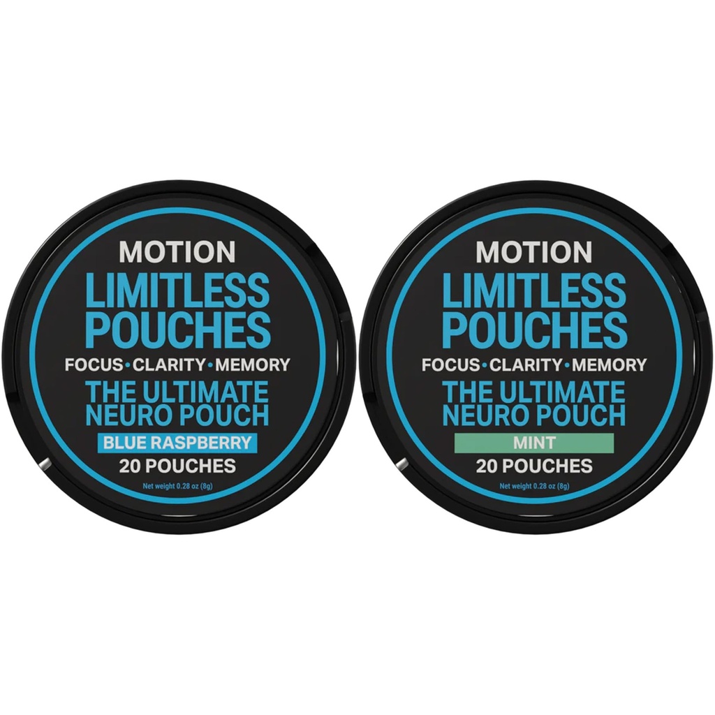 MOTION Focus & Energy Supplement Pouches Variety Bundle – Mint & Blue Raspberry – Nootropic Dietary Supplement for Mental Clarity & Focus – 20 Pouches Each