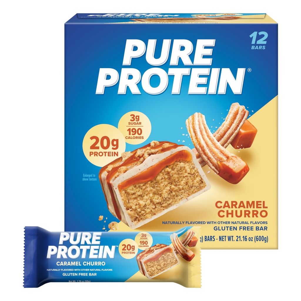 Pure Protein Caramel Churro Protein Bars – 20g Protein, 3g Sugar, 190 Calories (12 count) Low Sugar* High Protein Snack - Gluten Free - Perfect for a Healthy Snack