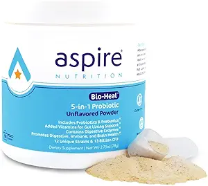 Aspire Nutrition 5- in-1 Bio- Heal ® Probiotika til børn, Mænd & Kvinder - Bedste supplement til hjernefunktion, Gut Sundhed & Forstoppelse - Hylde Stabil & Forstærket med Vitamin, Mineral & Prebiotika - Pulver