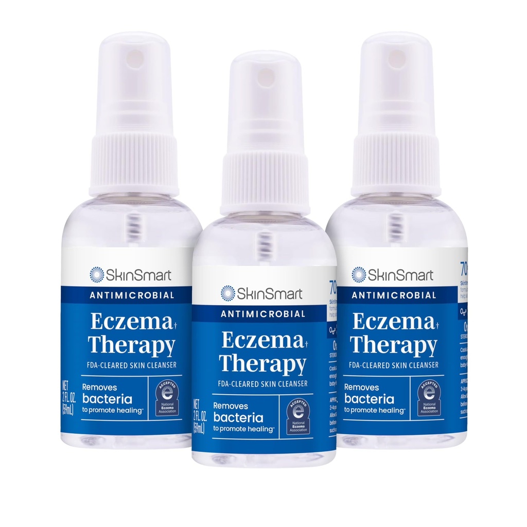 SkinSmart Antimicrobial Eczema Therapy with Hypochlorous Acid, Safely Removes Bacteria so Skin Can Heal, for Adults, Kids and Seniors, Travel Size 2 Ounce Clear Spray (Pack of 3)