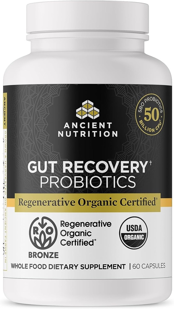 Ancient Nutrition Regenerative Organic Certified Probiotics for Gut Recovery, Probiotics Gut Recovery, for sund fordøjelse og immunsystemet Funktionssupport, 50 milliarder CFU * Per Serving, 60 Greve