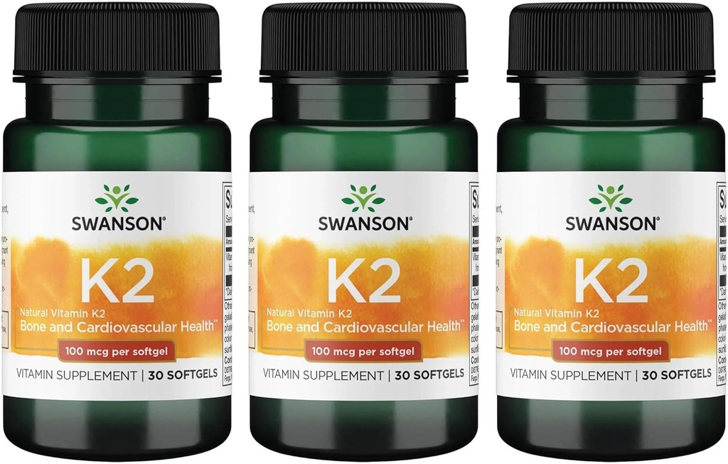 Swanson Vitamin K2 (Menaquinone- 7) - Vitamin supplement Support Cardiovaskulær og Knoglehelbred - Lavet af japansk Nato til at hjælpe Regulere Calcium - (30 Softgels, 100mcg Hver) (3 Pack)