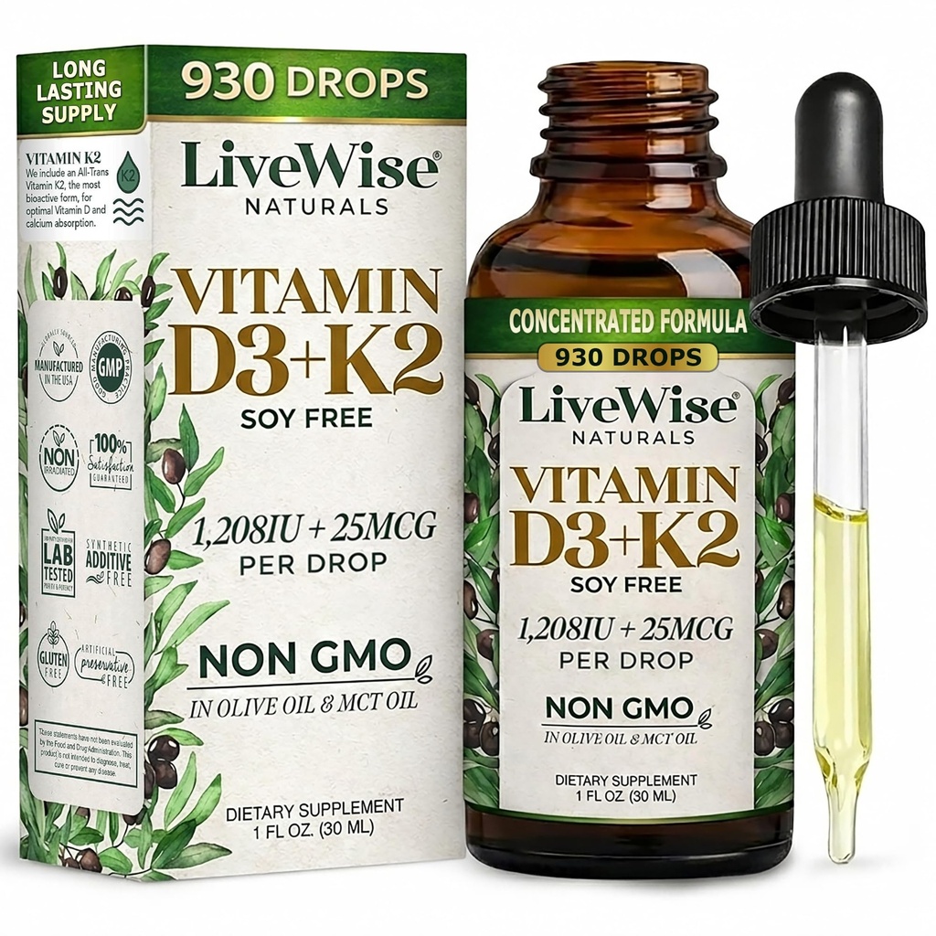 Vitamin D3 med K2 flydende dråber, Alle naturlige, non-GMO, 1208iu D3 og 25mcg K2 (mk7) per Servering, Support dine knogler, immunsystem og energiniveauer, med eller uden pebermynte olie