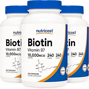 Nutricost Biotin (vitamin B7) 10,000mcg, 240 Caps (3 flasker) - non-GMO, Gluten Free