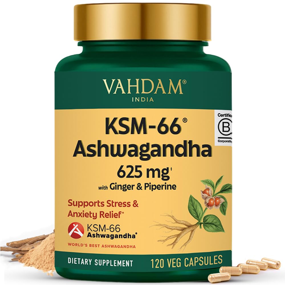 VAHDAM KSM -66 Ashwagandha 625 mg with Ginger & Piperine, Support Stress Relief (120 Capsules)