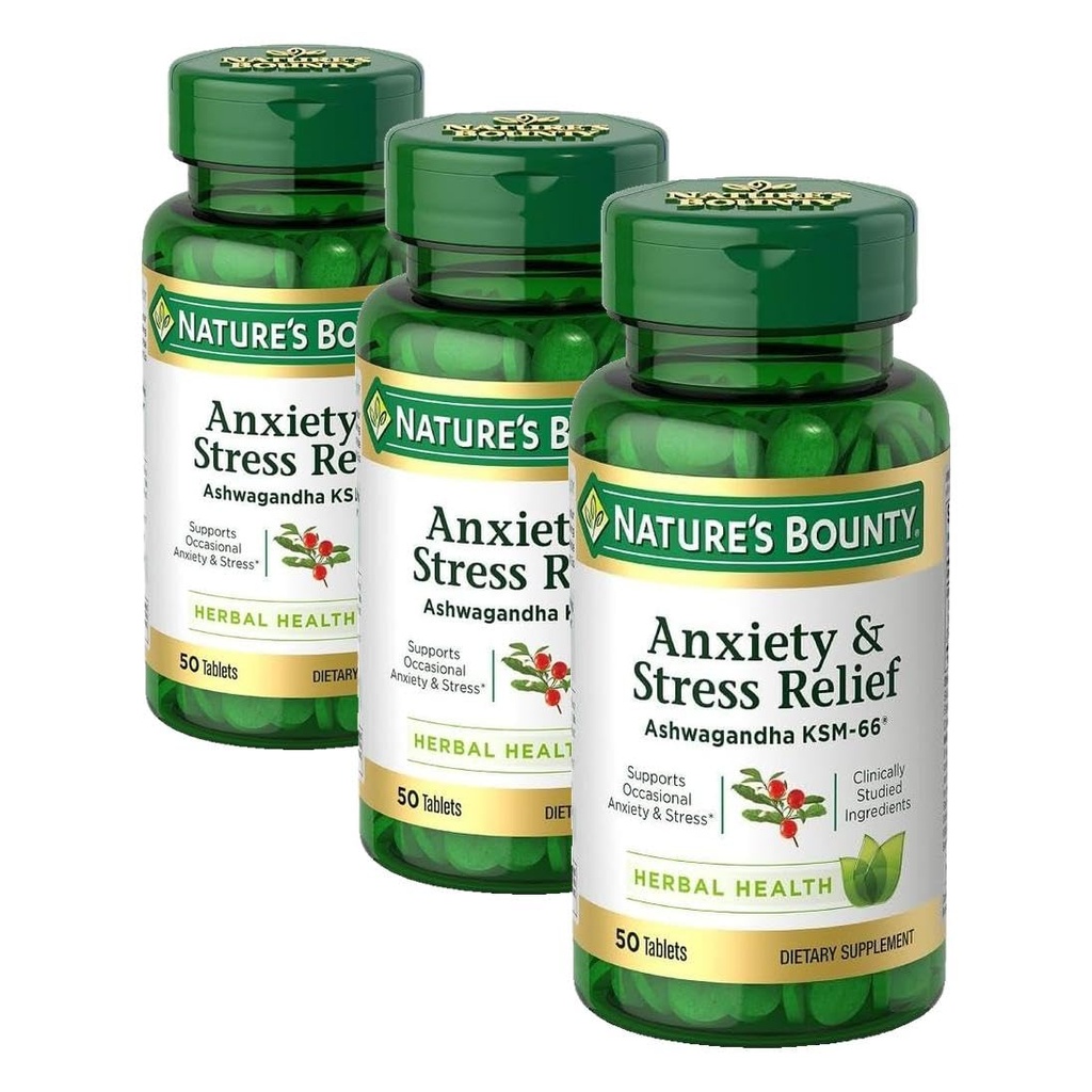 Nature's Bounty Stress Relief Ashwagandha KSM 66 Tablets,Mood Support,50 Count (Pack of 3)