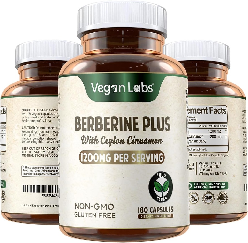Vegan Labs Berberine HCL 1200MG med Organic Ceylon Cinnamon - 180 Vegan Capsules - Understøtter det samlede sundheds- og immunsystem