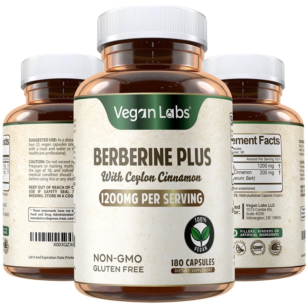 Vegan Labs Berberine HCL 1200MG med Organic Ceylon Cinnamon - 180 Vegan Capsules - Understøtter det samlede sundheds- og immunsystem