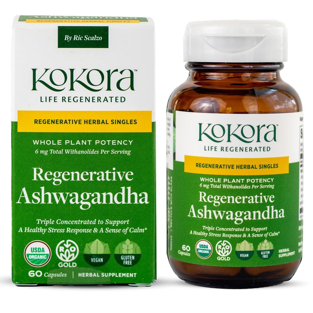 kokora Regenerative Ashwagandha -Regenerative Organic Certified - Stress Relief & Sleep Supplement* - Containing Withanolides - Vegan, Non-GMO - 60 Capsules - 30 Servings