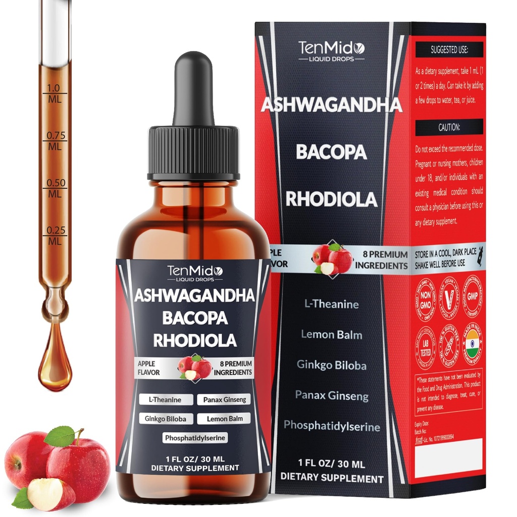 8in1 Ashwagandha Liquid Drops with Bacopa, Rhodiola Rosea, Phosphatidylserine, L-Theanine, Panax Ginseng, Ginkgo Biloba, and Lemon Balm - 30ml 1 Fl Oz