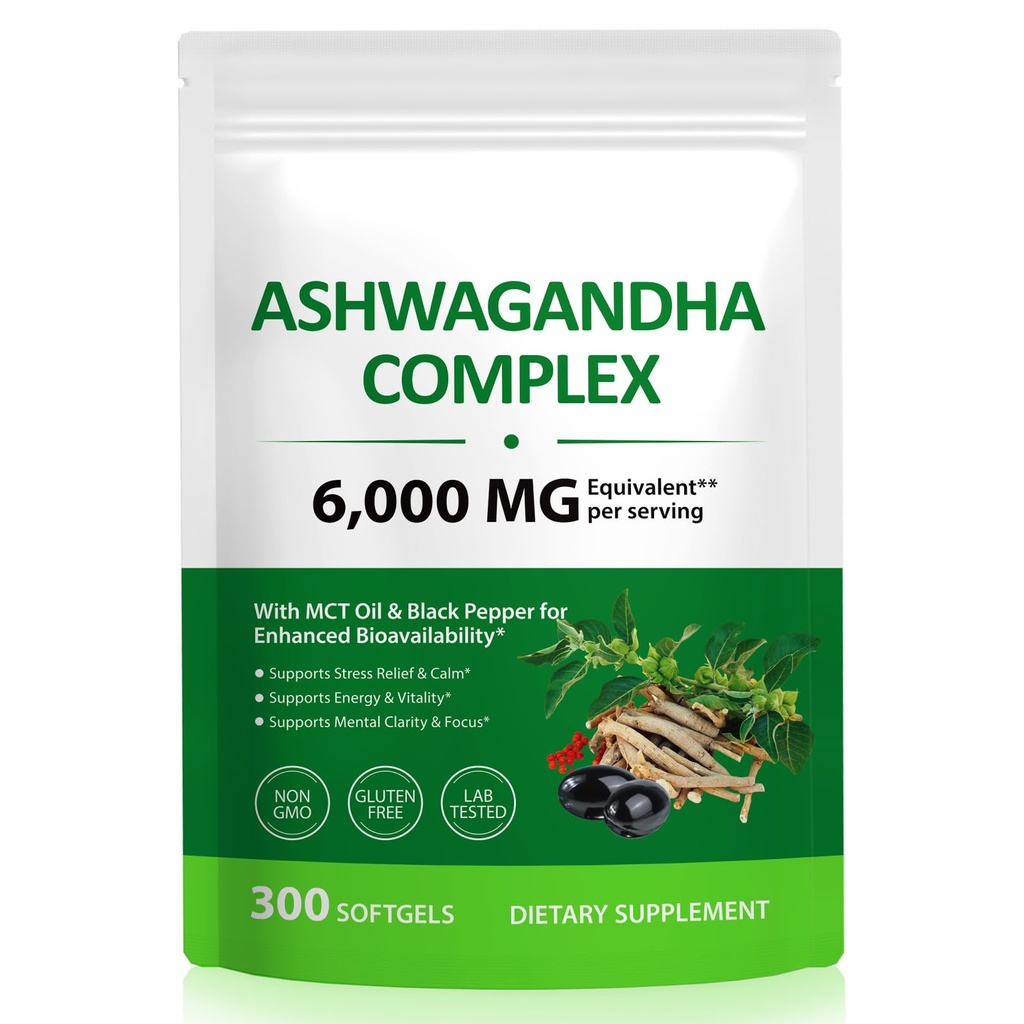 Ashwagandha Extract Softgels, 300 Softgels - with MCT Oil & Black Pepper - Herbal Supplement for Relaxation & Calm Mood