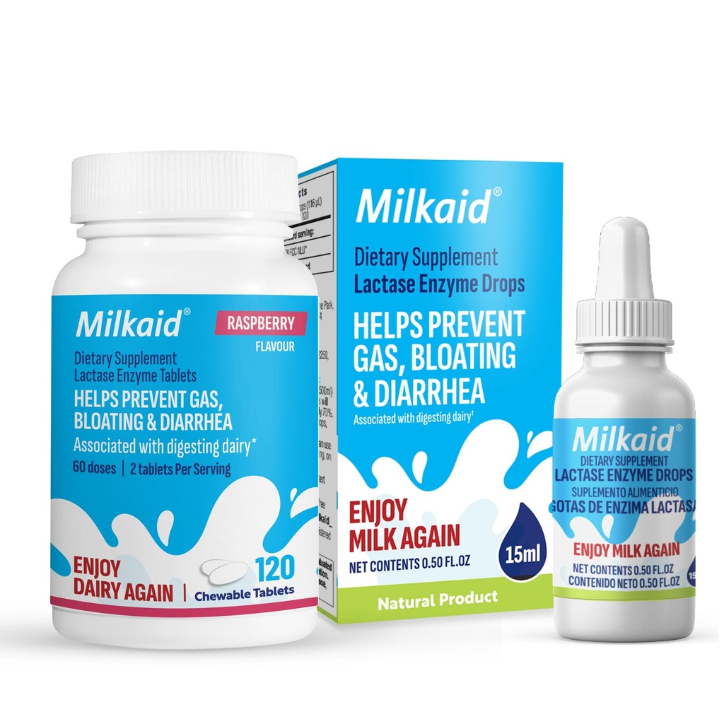 Milkaid Lactase Enzyme Drops Tablets for Lactose Intolerance Relief 124; Forebygger Gas, Bloating & Diarrhea Shue 124; Dairy fordøjelsestillæg